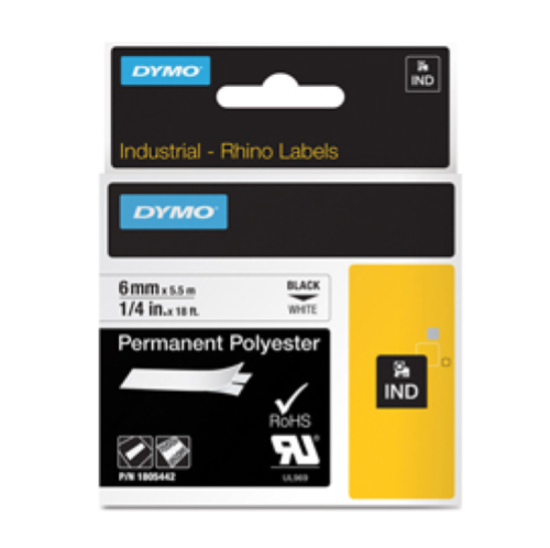 NASTRO POLIESTERE PERMANENTE 9mm x 5.5mt nero su bianco 18482 RHINO